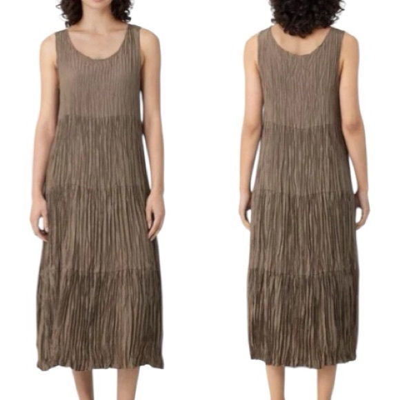 Eileen Fisher Dresses & Skirts - Eileen Fisher Crushed Silk Tiered Midi Dress Brown Size XL Sleeveless